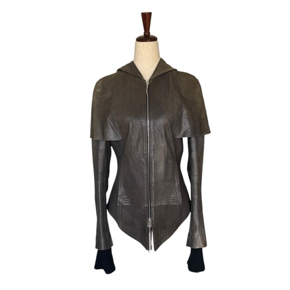 Avant Garde Fitted Leather Jacket Hooded Caplet Knit Cuffs Rick Owens Yohji - Picture 1 of 16